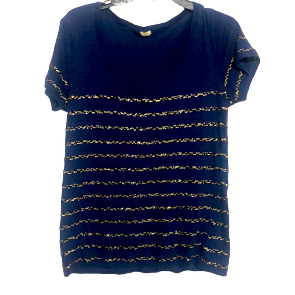 🌞 J Crew tiny blue & gold sequins bling adorn this short sleeve blouse women M